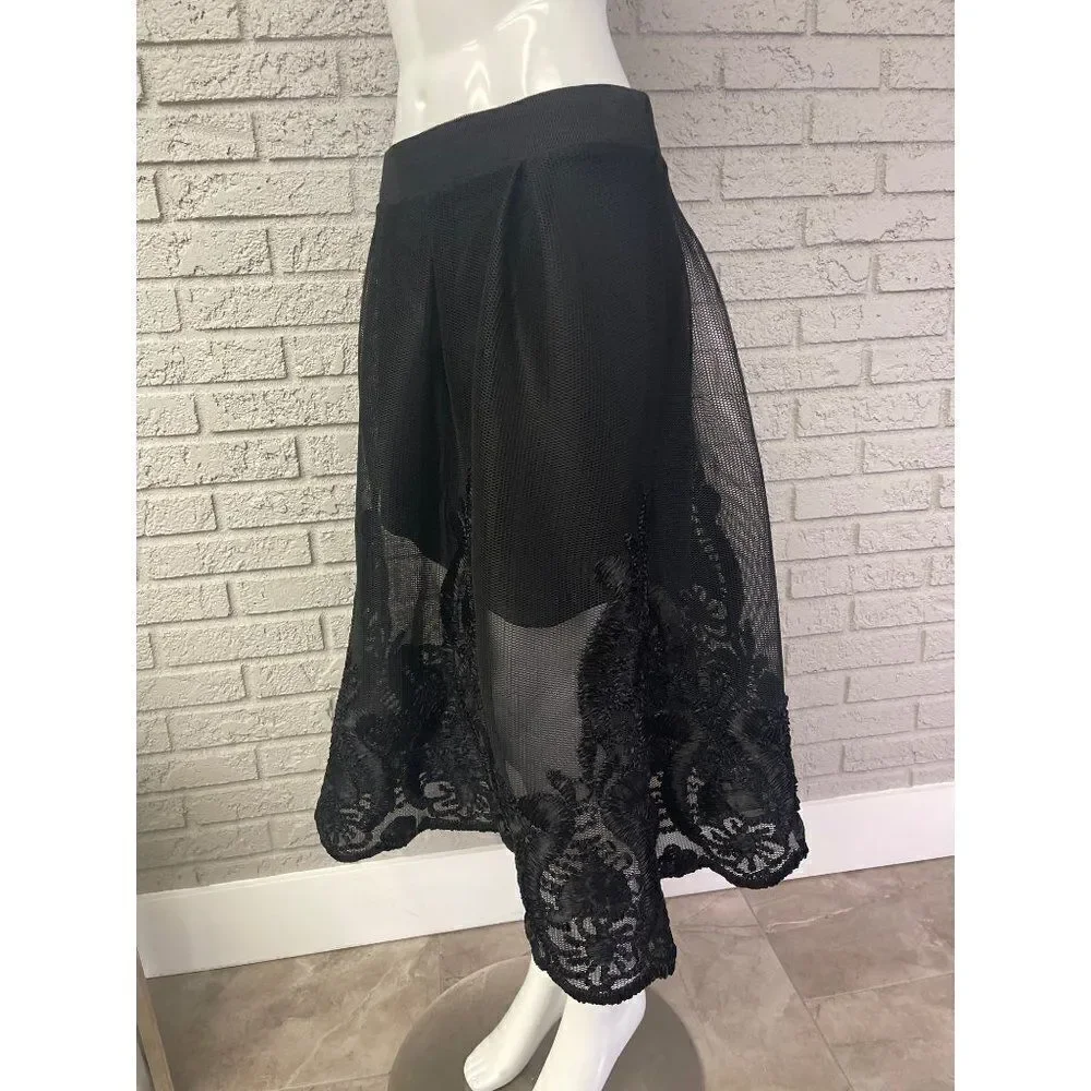 Banjul Black Embroidered Scalloped Hem Midi Skirt Size L